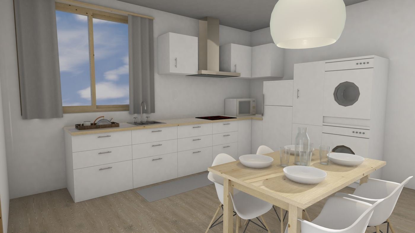 Cocina con isla y carpintería de madera de roble