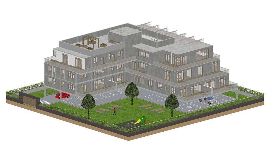 Axonométrica del volumen escalonado de hOrIzONteL, entre la ciudad y la huerta