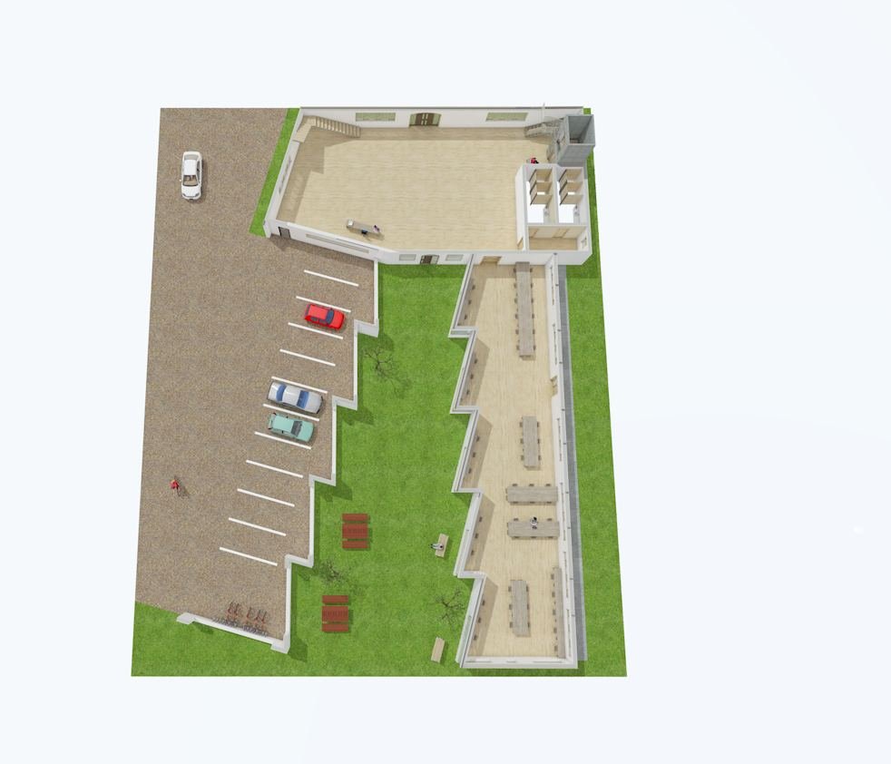 Axonométrica de planta baja: aparcamiento y coworking