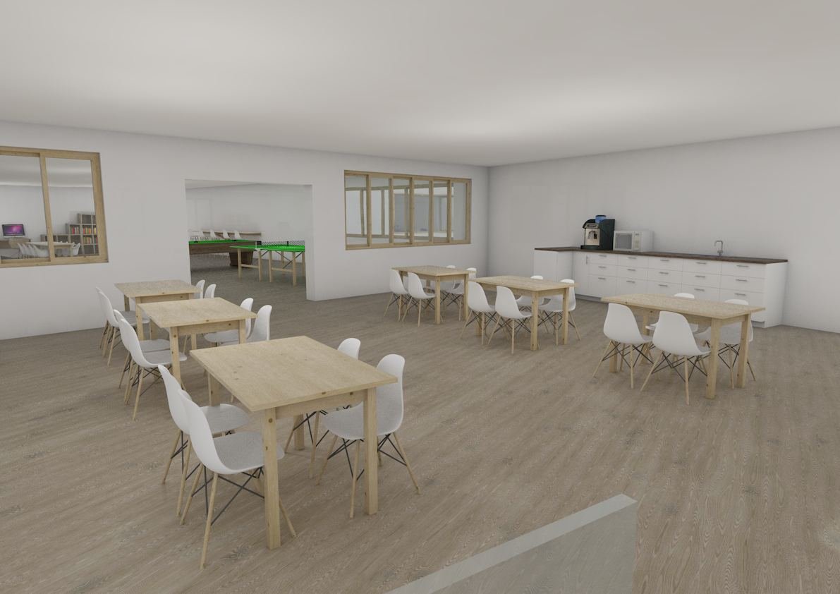 Cocina común, con zona de ocio al fondo